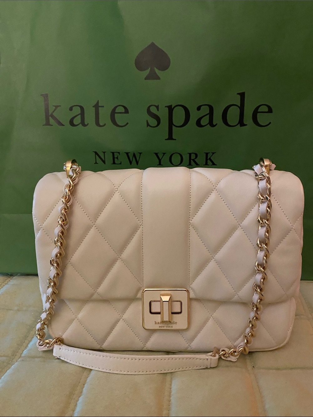 Kate Spade Quilted Cream Shoulder Bag with Gold Chain